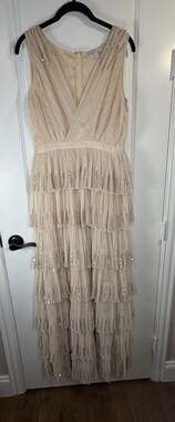 Geode Beige Pleated Tiered Maxi Dress with Sequin Accents